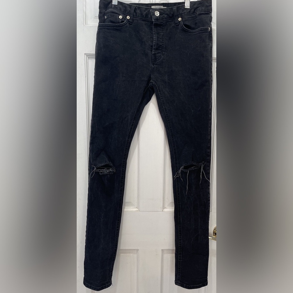 Topman Black Ripped Stretch Skinny Button Fly Jeans Size 30L